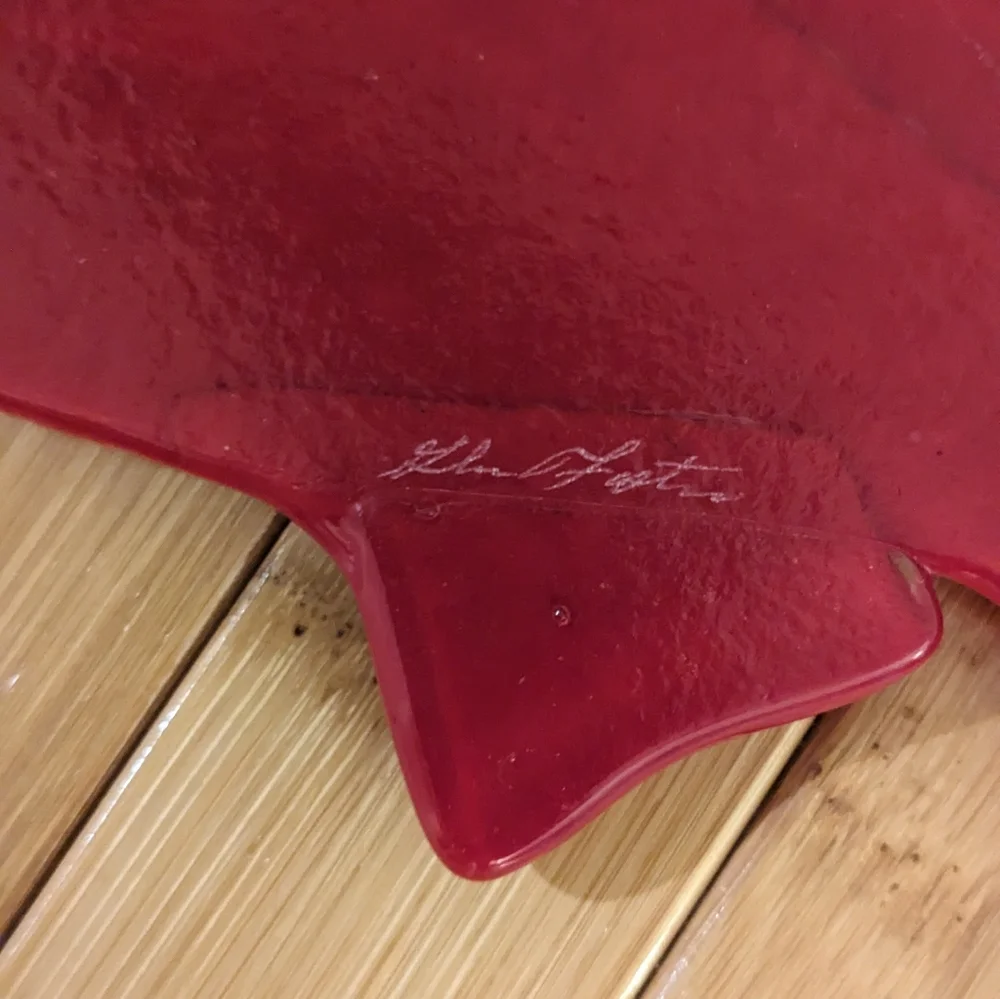 Art Fused Glass Salmon Wall Sculpture Signed Red Blue Fish Artisan Sardine New
